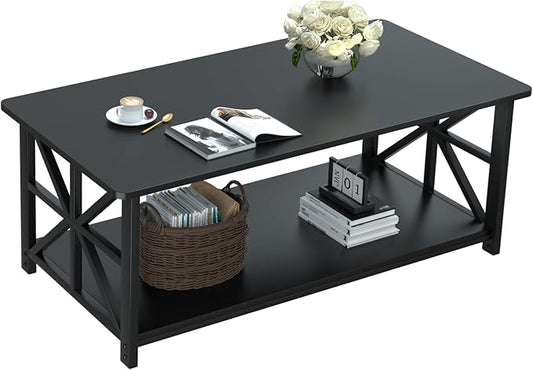GreenForest Coffee Table with Round Corner, Farmhouse Center Table with 2-Tier Storage Shelf X-Frame Design for Living Room, 39 inch Black