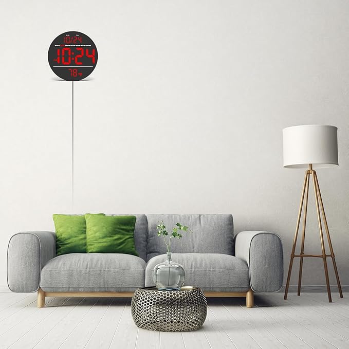 Digital Wall Clock with Large LED Display, Auto-Brightness, Temperature, Low-Reflectivity, Small Silent Non-Ticking Modern Electric Wall Clock for Bedroom, Living Room, Office, Classroom, Farmhouse