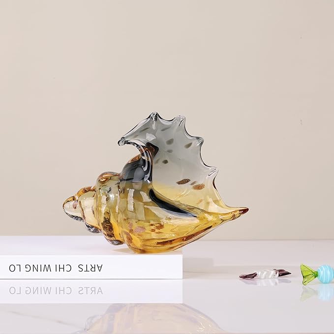 DOVDOV Hand Blown Glass Conch Statues, Gray and Amber Glass Art Figurines, Conch Shells for Coastal Home Decor, Living Room TV Stand and Bookcase Decor, Bathroom Shelf Tops and Cabinet Decor.