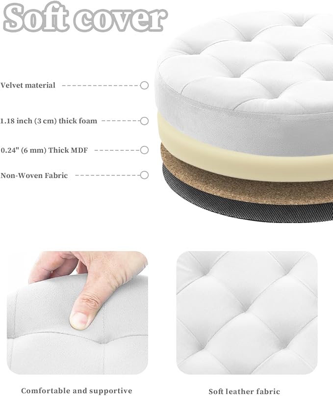 Ottoman with Storage, Foot Rest Stool with Thicker Foam Padded Seat Velvet Small Round 14“ x 14” x 13 "Inchs Storage Ottoman Bench for Living Room Foldable Pouf Coffee Table 2 Pack, White