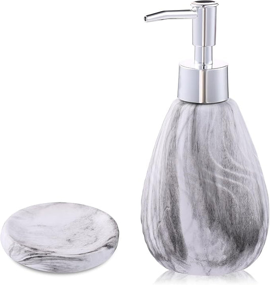 Ceramic Soap Dispenser and Soap Dish Set, Marbled Elegant Bathroom Decor with Non-Slip Base, Modern Hand Wash Bottle & Soap Tray for Bathroom Sink Countertop, Kitchen, Spa (White)