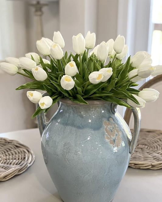 Beferr 10pcs White Tulips Artificial Flowers Faux Silk Tulip Real Touch Tulip Fake Flowers Bouquets Arrangements for Mothers Day Spring Easter Wedding Flowers Gifts Home Table Decor