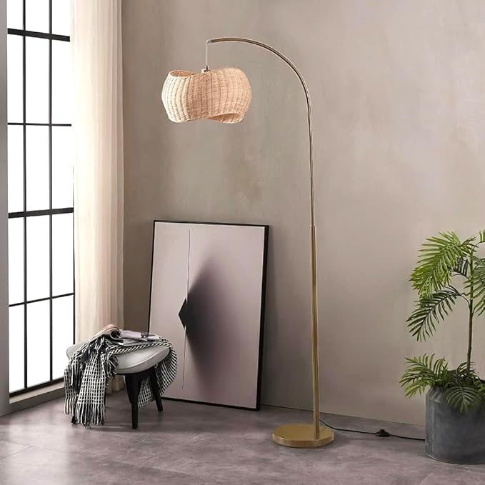 Brightech Wave Arched Floor Lamp – Unique Hanging Wicker Shade for Living Rooms – Rattan Style Matches Boho and Other Décor – Arcs Over Sofas and Dining Tables for Compliments - Brass