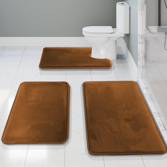 Clara Clark 3 Piece Bathroom Rugs Bath Mat Set, Velvet Memory Foam Bath Mats for Bathroom - Non-Slip, PVC Backing Bath Rugs, Washable - Dries Quickly, Brown