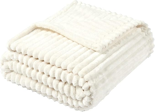 Vessia Flannel Fleece Throw Blanket for Couch,Sofa,Bed, 300GSM Microfiber Cream Striped Chair Blanket for Adults and Kids, Super Soft Warm Cozy Lightweight Ivory Ribbed Throw for All-Season