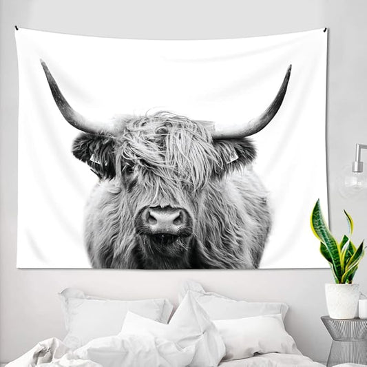 AMBZEK Bull Tapestry 51Hx59W Inch Western Wall Decor Highland Cow Wall Art Cattle Farmhouse Farm Animal Wildlife Rustic Country Funny Cute Milk Wall Hanging Bedroom Living Room Dorm Decor Fabric