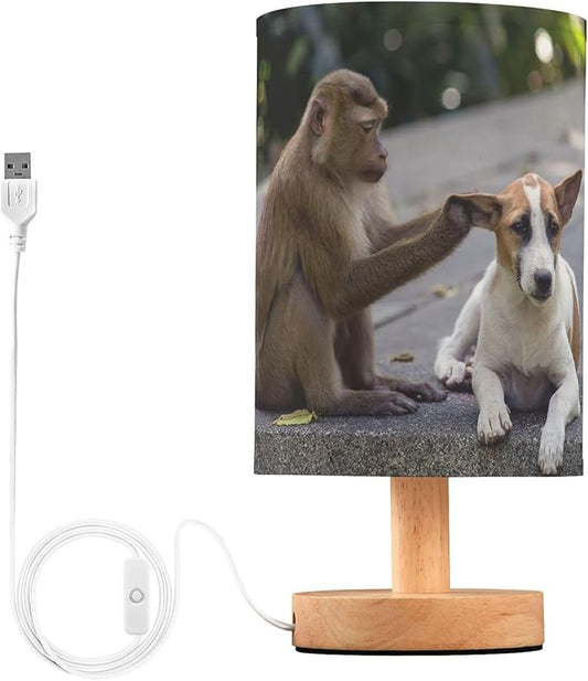 Table Lamp Monkey and Dog Animal Nightstand Lamp with Wood Base Fabric Lamp Shade Bedside Desk Lamp for Living Room Bedroom Kids Room Office