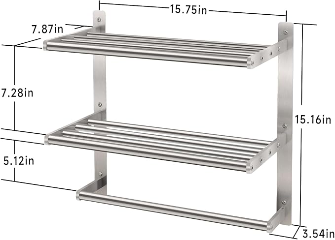 Towel Shelf for Bathroom Wall Mounted, 3-Tier Hotel Style Towel Rack with Towel Bars, Brushed Nickel Towel Racks for Bathroom Lavatory, 16 Inch