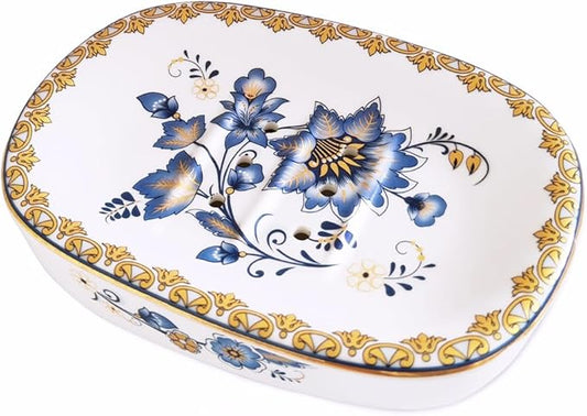 Self Draining Soap Dish, Double-Layer Bar Soap Tray, White Ceramic Soap Dish with Elegant Patterns (Style D)