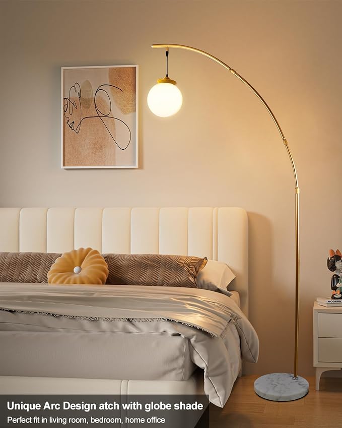 Lightdot Gold Modern Floor Lamp for Living Room, 76Inch Arc Tall Standing Lamp with Marble Base and Globe Bulbs Included, 3000K Warmwhite Modern Mid Century Floor Lamp for Bedroom & Home Office