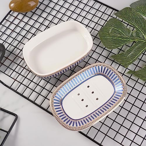 Self Draining Soap Dish, Double-Layer Bar Soap Tray, White Ceramic Soap Dish with Elegant Patterns (Style A)