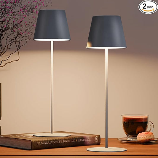 uuffoo 2 Pack Cordless Rechargeable Table Lamps, 5200mAh Battery Powered Outdoor Table Lamps with 3 Colors Stepless Dimming, Desk Night Light for Restaurant, Patio, Bedroom, Bar (Gray)