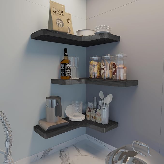 SAUMONIERES Corner Floating Shelves 24 Inch Wall Mount Shelf Solid Wood for Bedroom Bathroom Kitchen Storage Set of 2, Black