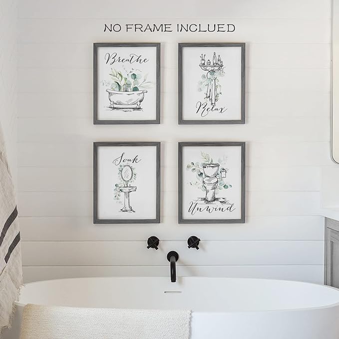 La Naranja Black and White Bathroom Wall Art Greenery Decor Minimalist Botanical Prints Modern Boho Eucalyptus Posters Relax Soak Unwind Breathe Sign, Set of 4 Pictures, 8''x10'', UNFRAMED