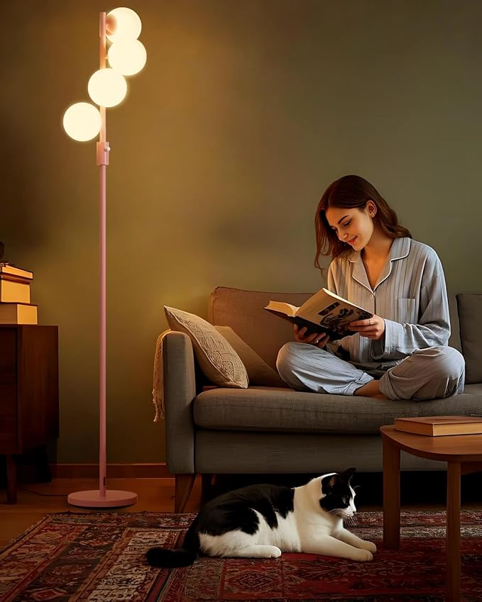 64IN Dimmable Pink Floor Lamp, Tall Standing Lamps with 4 Globe Soft Warm White Eye Care 3000K G9 Bulbs, Mid Century Modern Floor Lamp for Bedroom Office