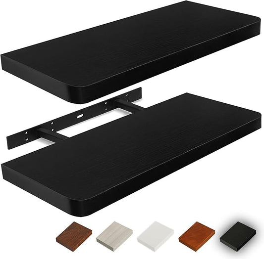 Floating Shelves for Wall, Wood Shelves with Invisible Brackets for Bathroom, Living Room, Bedroom and Kitchen, Long Wall Shelf for Books/Storage/Room Decor, 36 Inch, Set of 2, Black
