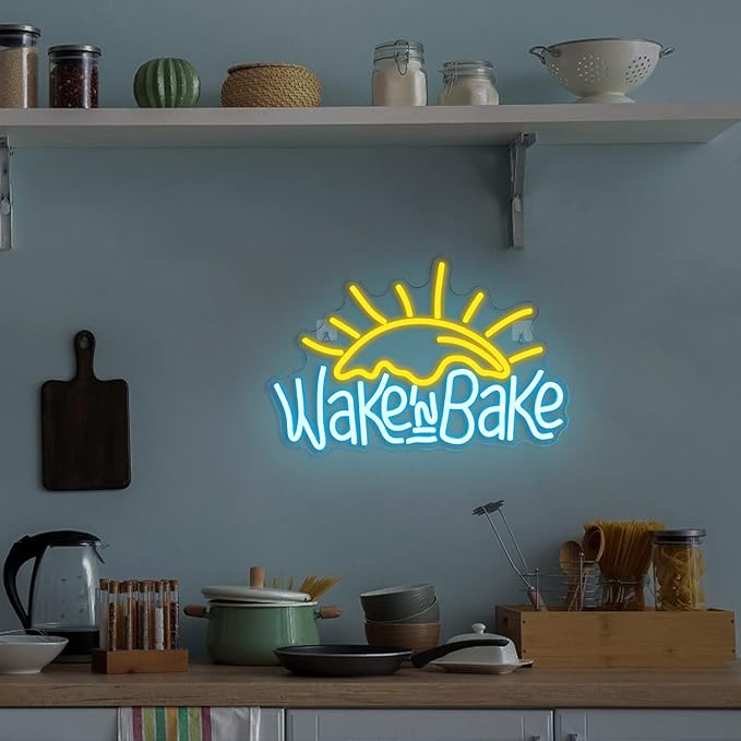 NOSUN Wake in Bake Neon Sign Coffee Bar Neon Signs for Wall Decor with Dimmable Yellow Blue LED Neon Sign Sun Neon Lights Sign for Bedroom Home Kitchen Restaurant Shops Cafes Dessert House Party