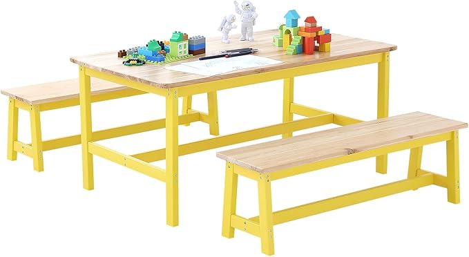 VEVOR Kids Table and Bench Set, Toddler Table and Chair Set of 3, Wood Activity Table for Art, Craft, Reading, Learning