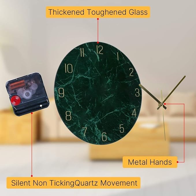 VIKMARI Emerald Green Glass Wall Clock Silent Non-Ticking Battery Operated 10 Inches Modern Marble Texture Home Decorative Kitchen Decor Quartz Small Analog Clock for Bedroom,Living Room,Office