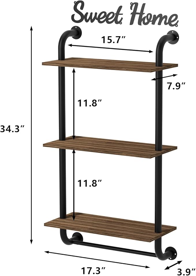 Bathroom Shelves Wall Mounted, 3-Tier Rustic Wood Wall Shelf, 17.3 inch Industrial Pipe Floating Bathroom Shelf,Brown