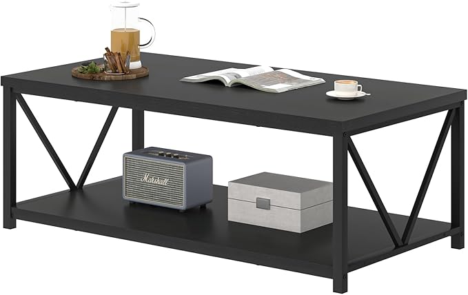EXCEFUR Black Coffee Table, Modern Wood and Metal Living Room Table with Storage Shelf, 47 Inch