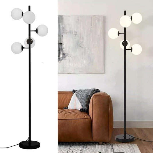 KCO Lighting Contemporary Standing Light 5-Light Frosted White Glass Globe Floor Lamp Modern Black Corner Tall Pole Lamp with Foot Switch for Home Office (Black)