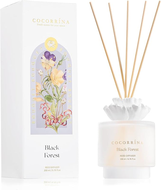 Cocorrina Gypsum Flower Reed Diffuser Set for Bathroom Décor – Black Forest Scent, 6.76 oz with Sticks & Oil – Home Fragrance for Bathroom & Living Space