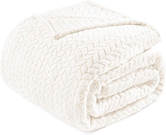 Exclusivo Mezcla Off White Fleece Queen Size Blanket for Bed, 90x90 Inches Soft Cozy Jacquard Flannel Blankets, Lightweight Fuzzy Plush Warm for All Seasons