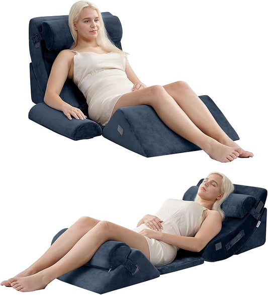 Qirroboni 6PCS Orthopedic Bed Wedge Pillow Set, Adjustable Pillows for Neck, Back and Leg Pain Relief Comfortable & Post Surgery Foam - Heartburn, Anti Snoring, Acid Reflux & GERD Sleeping Indigo