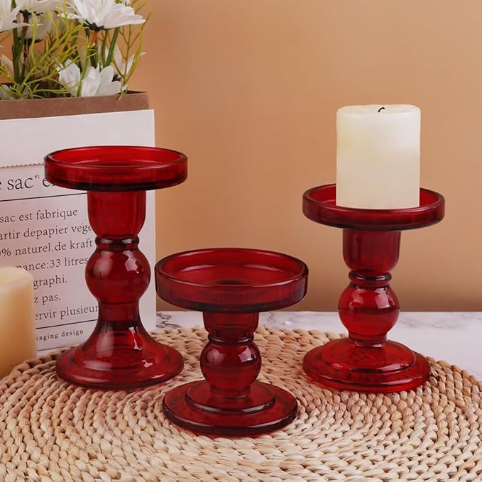 3-Piece Set of Red Glass Candlestick, Crystal Candlestick Holder Holder and Conical Candle, Christmas Candle Holder Decoration, Family Living Room Wedding Candle Holder (red1set)
