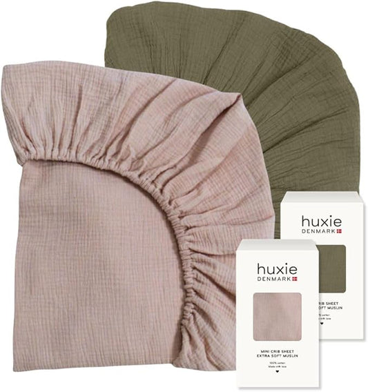 Denmark - Super Soft Muslin Mini Crib Sheets - 24'' x 38'' - 100% Organic Baby Crib Sheets for Boys and Girls - 2-Pack (Blush/Sage Green)