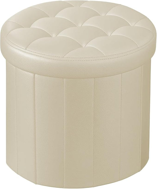 Bsketa® Folding Storage Ottoman Round 14" x 14" x 13"Inch, Foot Stool with Thicker Foam Padded Seat Small Leather Storage Ottoman Bench Foot Rest for Living Room Foldable Coffee Table, Beige