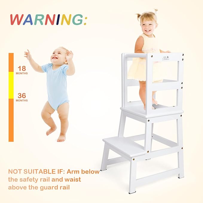 Kids Kitchen Step Stool with Chalkboard & Safety Rail for Toddlers 18 Months and Older, Safety Anti-Slip Protection, Removable Step Stool for Adult Use, White