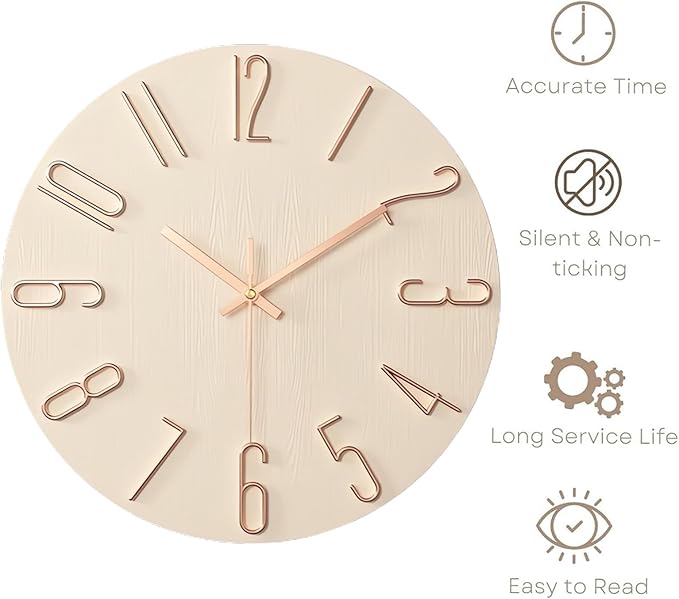 Wall Clock - 12-inch Silent Non-Ticking Battery Powered Decorative Clock, Simple Minimalist Style and Modern Home Wall Clock,for Bedroom,Living Room,Kitchen,Home Office (Beige)