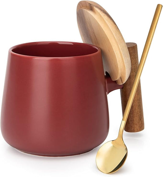 14 Oz Ceramic Coffee Mug with Lid and Coffee Spoon for Latte,Cappuccino Mug, Cocoa Mug, Tea Mug, Birthday Gifts for Women, 1 Pack (Matte Red)