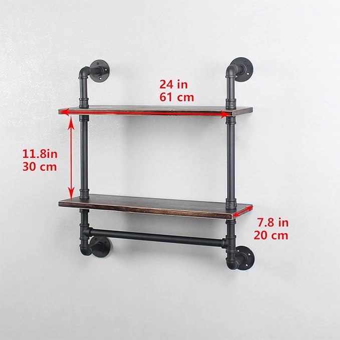 Pipe Shelving,Iron Pipe Shelves Industrial Bathroom Shelves with Towel bar,24in Rustic Metal Pipe Floating Shelves Pipe Wall Shelf,2 Tier Industrial Shelf Wall Mounted,Retro Black