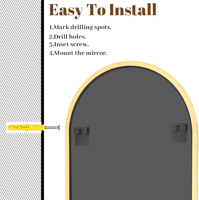 Arched Wall Mirror, 32 x 48 inch Arch Bathroom Mirror, Wall Mounted Vanity Mirror with Arch Metal Frame, Modern Bathroom Vanity Mirror for Bedroom, Living Room, Hanging or Leaning, Gold