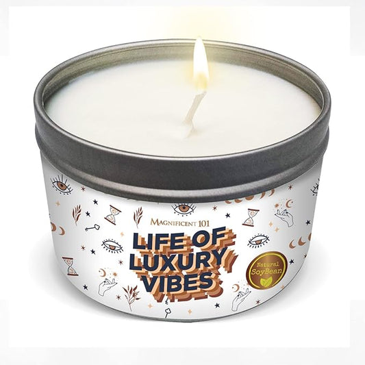 Magnificent 101 Life of Luxury Vibes 6-oz. Candle in Tin Holder; 100% Natural Soy Wax with Sage, Cinnamon & Citronella Essential Oils for Aromatherapy, Meditation, Home Energy Cleansing; Great Gift