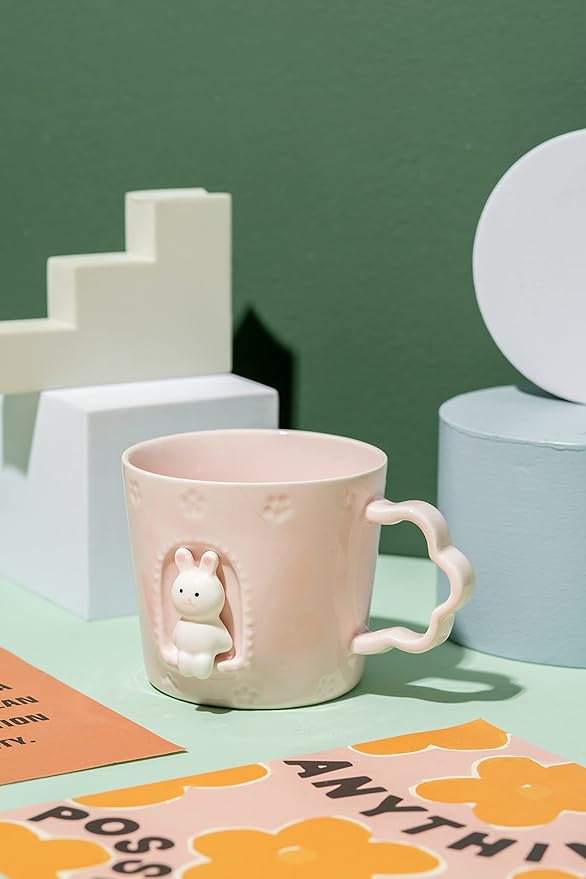 DIHOclub Rabbit Ceramic Cup Window Animals Mug Cute Cartoon Handmade Figurine Mugs,Holiday and Birthday Gift for Daughter,Son,Kids,9 OZ (Pink)