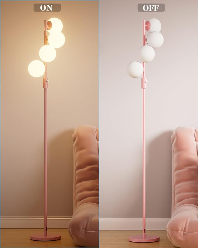 64IN Dimmable Pink Floor Lamp, Tall Standing Lamps with 4 Globe Soft Warm White Eye Care 3000K G9 Bulbs, Mid Century Modern Floor Lamp for Bedroom Office