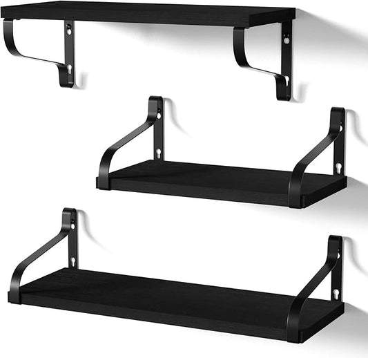 Love-KANKEI Floating Shelves Wall Mounted Set of 3, Large Wood Wall Shelves for Storage, Rustic Shelves for Display Bathroom,Bedroom,Living Room,Kitchen,Office and More Black