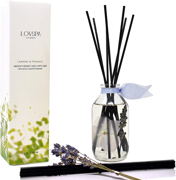 LOVSPA Lavender De Provence Essential Oil Reed Diffuser and Sticks Set - Calming Aromatherapy for Stress Relief and Relaxation - Real Lavender Stems and Hydrangea Flowers - Handmade in The USA