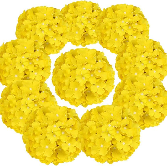 Flojery Silk Hydrangea Heads Artificial Flowers Heads with Stems for Home Wedding Decor,Pack of 10 (Yellow)
