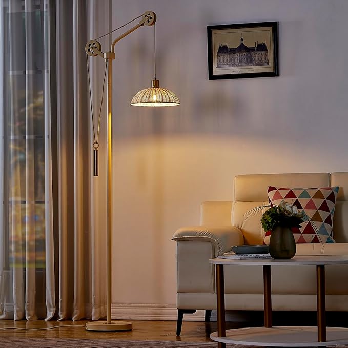LeeZM Dimmable Rattan Floor Lamp for Living Room,Industrial Farmhouse Floor Lamps with Adjustable Rattan Shade,Modern Reading Pole Task Lamp,Arched Tall Standing Lamp for Bedroom Office,Beige