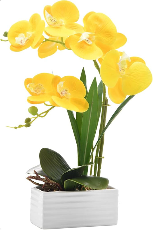 Artificial Real Touch Orchid Flowers in Pot Fake Phalaenopsis Flower with White Ceramic Vase Faux Orchids Arrangement for Home Table Office Wedding Party Decoration (Yellow)