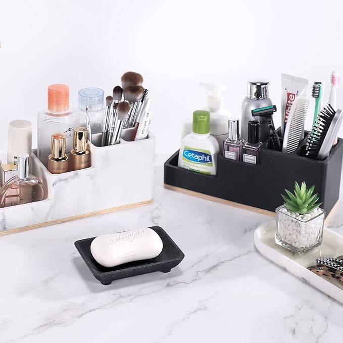 Soap Dish with Drain, Aimou Bar Soap Holder Saver Self Draining Waterfall Soap Sponge Tray Dishes, Easy Clean Soap Case Box Container for Bathroom Shower Kitchen Sink Countertop Black