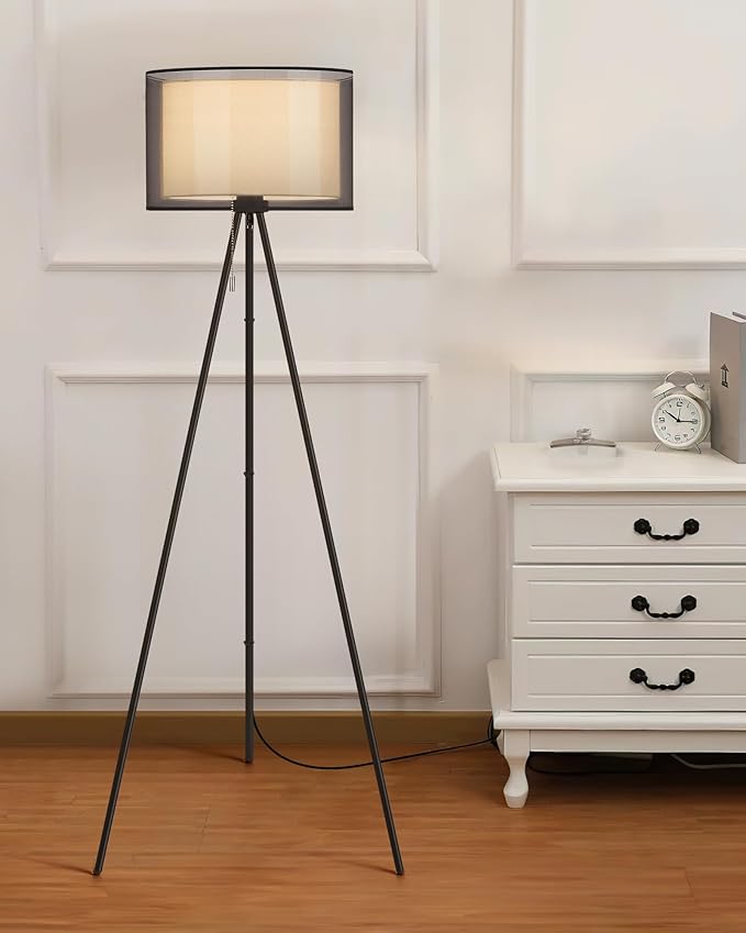 KDG Modern Floor Lamp - Tall Tripod Lamp for Living Room, Bedroom, Office; Fabric Shade, LED Bulb, Warm Light (Black)