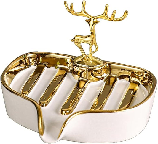 Soap Dish, Virvia Luxurious Ceramic Soap Dish Self Draining Soap Holder Tray Easy Cleaning Soap Saver for Shower Bathroom Kitchen Sink Bathtub Hotel Travel（White Painted in Gold）