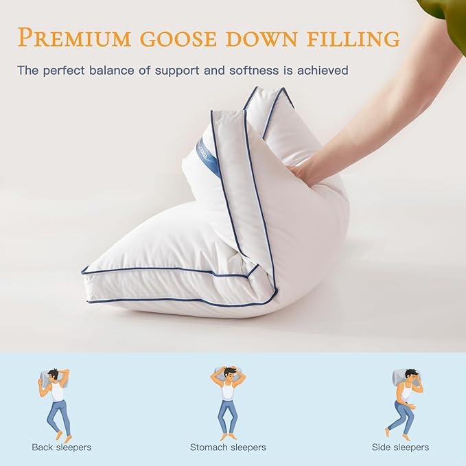 BedTreat Goose Down Feather Pillows Standard Size Set of 2, Luxury Soft Hotel Quality Pillows for Sleeping, Organic Cotton Cover Bed Pillows