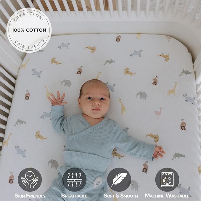 Mini Crib Fitted Sheet, 100% Cotton Knitted Jersey, Pack n Play Sheet, Breathable, Fitted Crib Sheets, Super Soft, Toddler Fitted Sheet,2 Pack,Sky Blue/Animals, 38x24x6